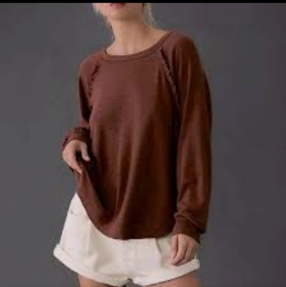 Pilcro Anthropolgie Rust Ruffled Raglan Longsleeve Crew Neck Thermal Top Flowy